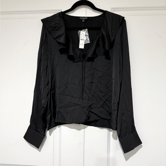 J.Crew The Goldie Top Ruffle Neckline in Black Satin NWT SZ L - Picture 6 of 10